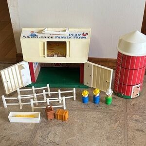 Vintage Fisher-Price Play Family Farm Toy Set - Cream, Red, Green
